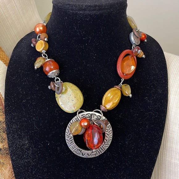 Chico's Jewelry - CHICO'S 'Dayton' Silver Tone Orange, Yellow Green Beaded Necklaces